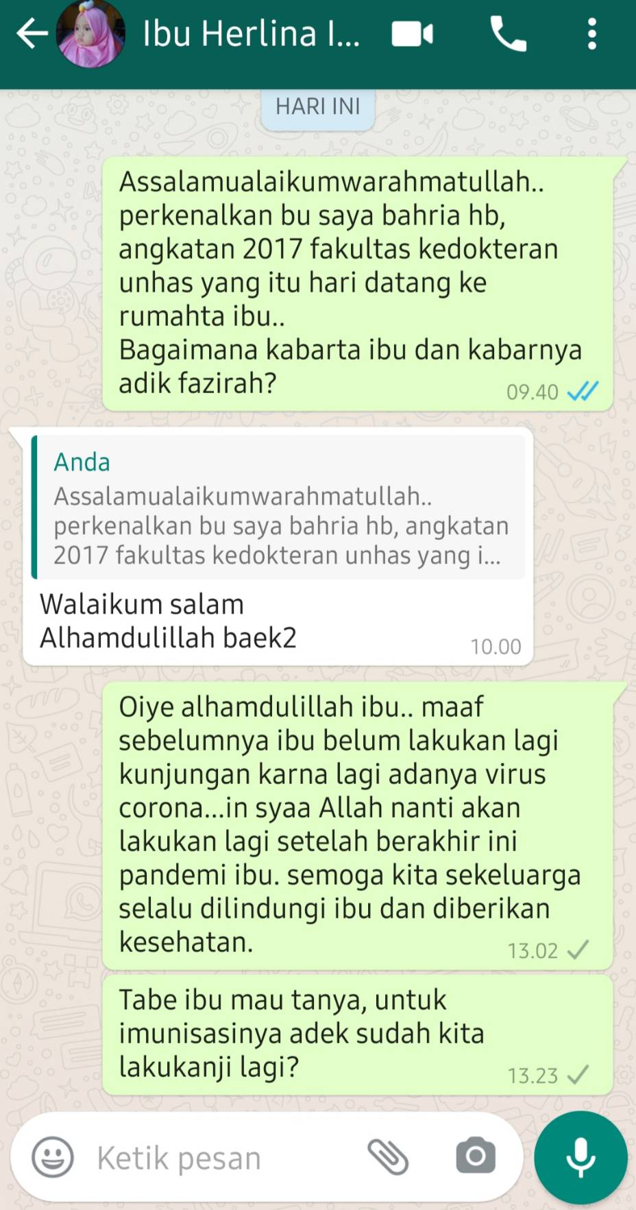 Menanyakan Kondisi Ibu Herlina dan Adik Fazirah ditengah Pandemi